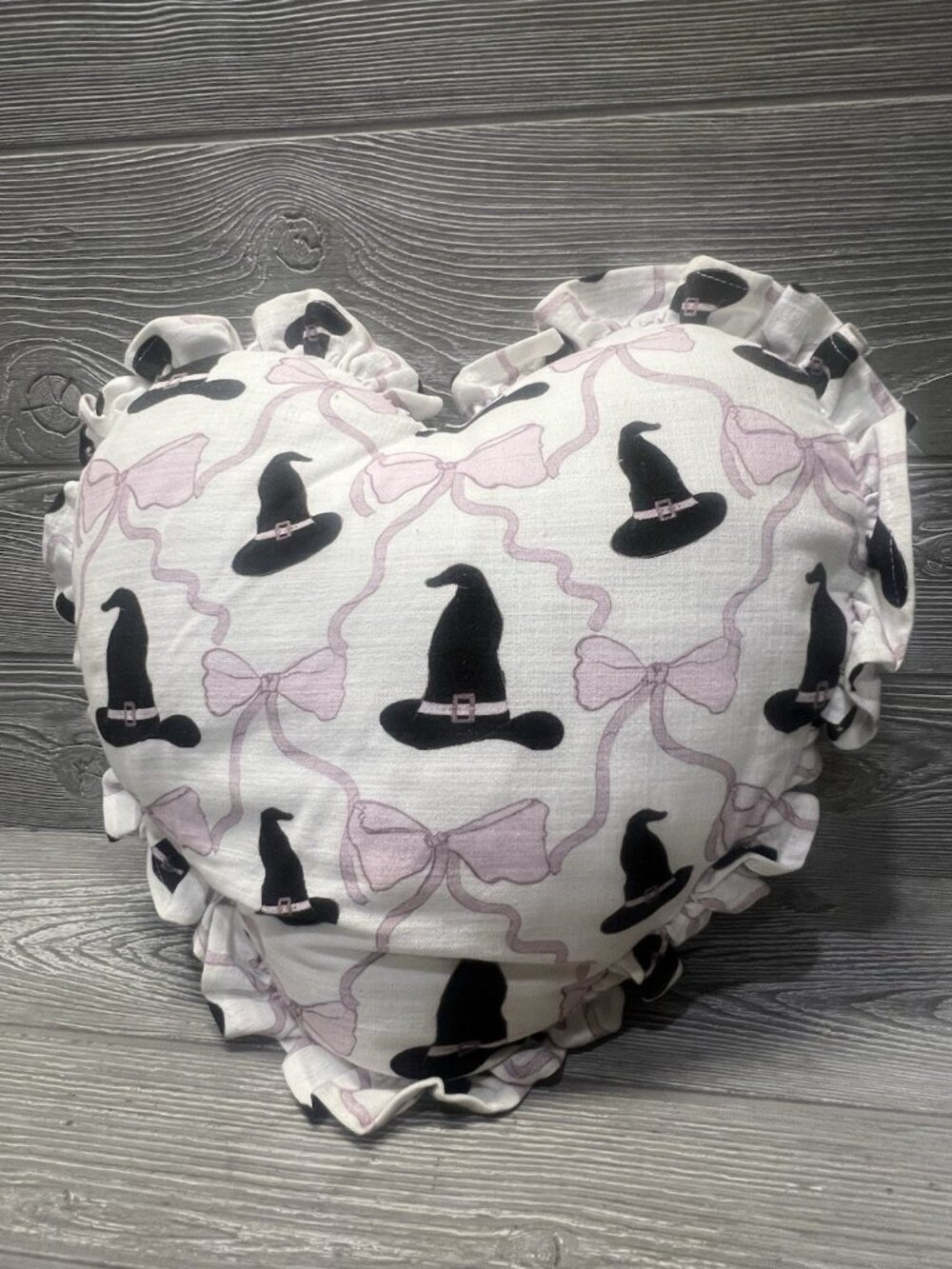 Heart Shaped Witch Hat and Bows Print Pillow Pink & Black Ruffle Trim 14ā